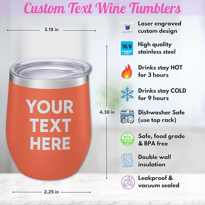 Gifts Inscribed Personalized Wine Tumbler with Lid – Orange Custom Text Engraved Stainless Steel Insulated Mug for Hot & Cold Drinks – Customized Bridesmaid, Wedding, or Birthday Gift