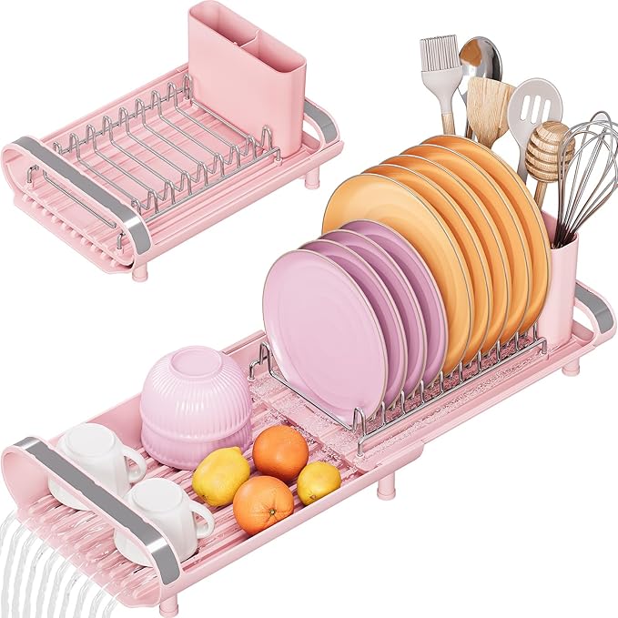 TOOLF Small Dish Drying Rack, Mini Expandable Compact Dish Rack, Slim Extendable Stainless Steel Dish Drainer for Kitchen Plate Storage, Space Saving Dish Strainer in Sink or on Home Countertop, Pink