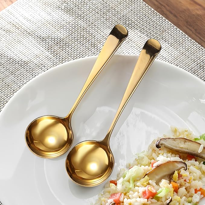 DOERDO 2Pack Stainless Steel Soup Spoons Small Ladle for Sauce Kitchen Table Serving Spoons, Gold 2.4x6.7 Inch