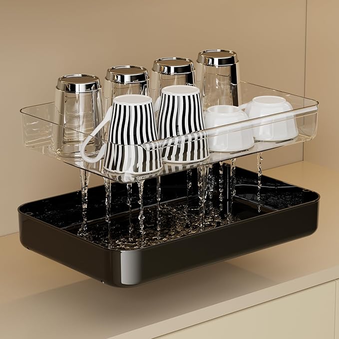 Countertop Coffee Station Organizer, 3 Tier Wine Glass Holder, Mug Shelf with Removable Drain Tray, Spice Rack for Kitchen, Bathroom Countertop Organizer, Black