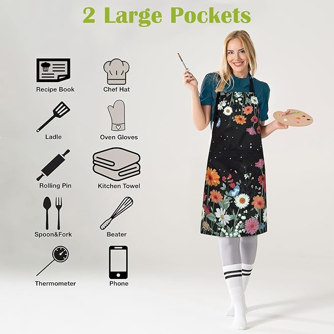 ASPMIZ Floral Apron for Adults, Waterproof Women Apron with 2 Pockets, Flower Cooking Aprons with Adjustable Neck Strap, Kitchen Apron for Washing Dishes, Gifts BBQ Grill 27.5 x 31.5 Inches, Black