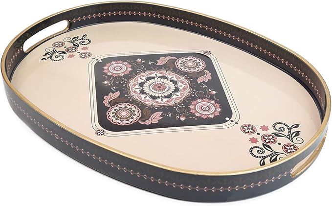 Oval Plastic Serving Tray with Handles, Elegant Decorative Tray for Coffee Table, Ottoman, Living Room, Kitchen, Outdoor Use. 10"*16"*1.4" C