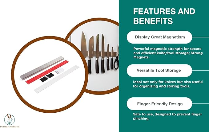 Magnetic Knife Holder 16 Inch Silver – Classic Stainless Steel Strip, Rack & Bar for Wall or Fridge, No Drill Adhesive Kitchen Organizer, Premium Gift by Pampavanna