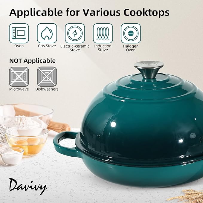 Davivy 5.5QT Enameled Cast Iron Dutch Oven with Lid, Dutch Oven for Sourdough Bread, 10" Round Sourdough Bread Oven, Bread Cloche for Bread Baking, with Silicone Baking Mat - Gradient Teal
