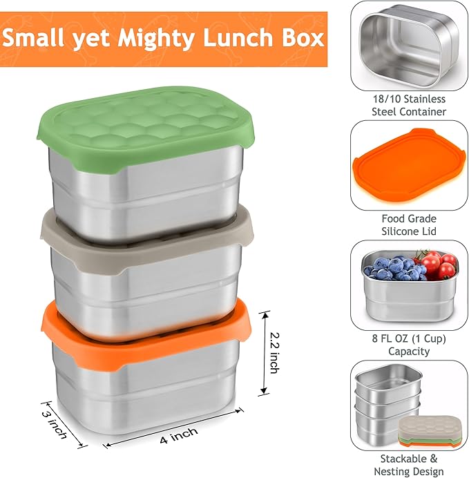 Homikit 3 Pack Snack Containers for Kids, 18/10 Stainless Steel Toddler Lunch Box with Silicone Lids, Reusable Bento Food Container Set for School Daycare, Nontoxic & Leak Proof, Green/Khaki/Orange