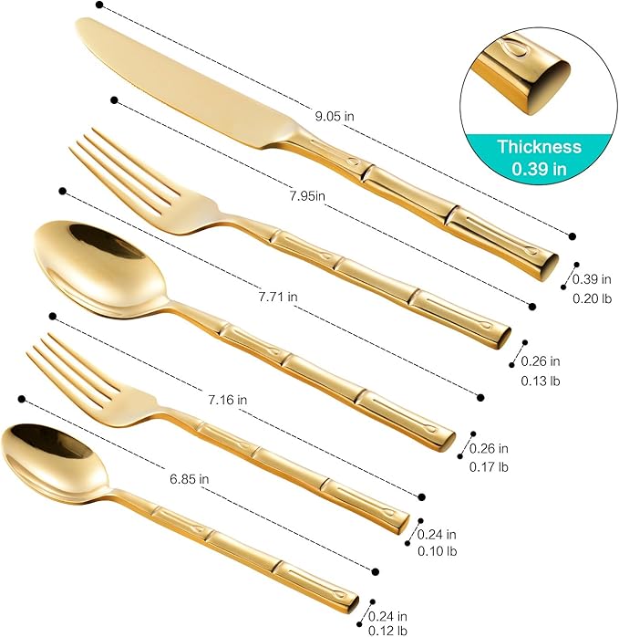 Silverware Serving Set Gold Flatware Set Stainless Steel Bamboo Handle Cutlery Set Mirror Polished 65 Pieces for Home Kitchen Restaurant Hotel Wedding Housewarming Gift Service for 12