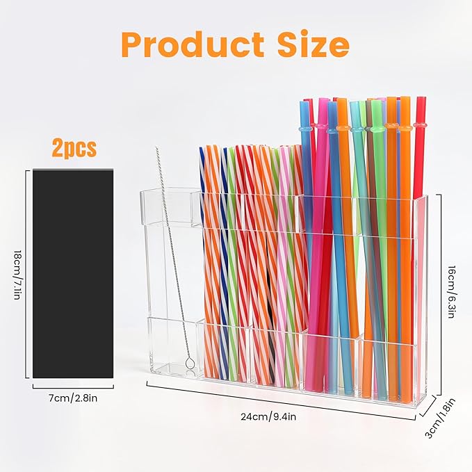 Acrylic Magnetic Straw Holder, Straw Organizer Dispenser with Two Pieces Magnet Sheets, Drinking Straw Storage Holder for Cabinet Door Fridge Counter Kitchen Office (Transparent)