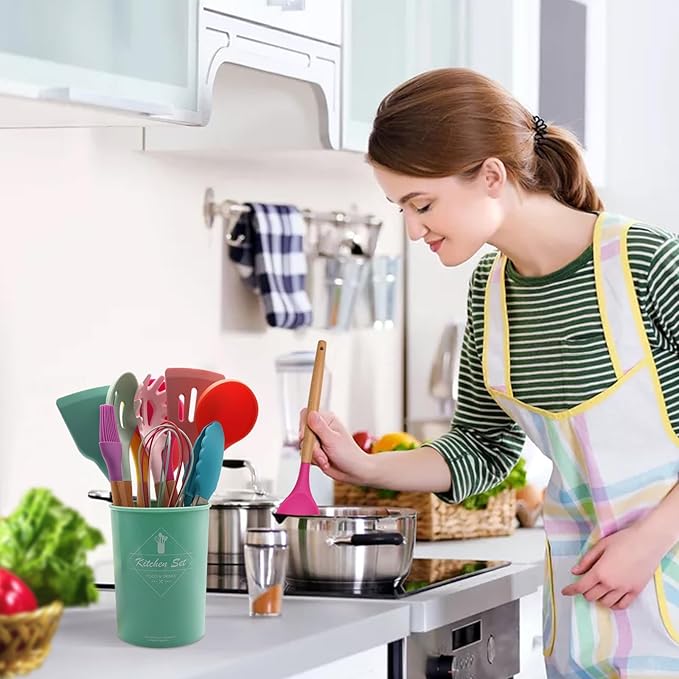 Kitchen Utensils Set of 12, Silicone Cooking Utensils with Non-Slip Wooden Handle and Organizer Bucket, 446°F Heat Resistant Cookware Utensils Set (Assorted Colors-Upgraded)