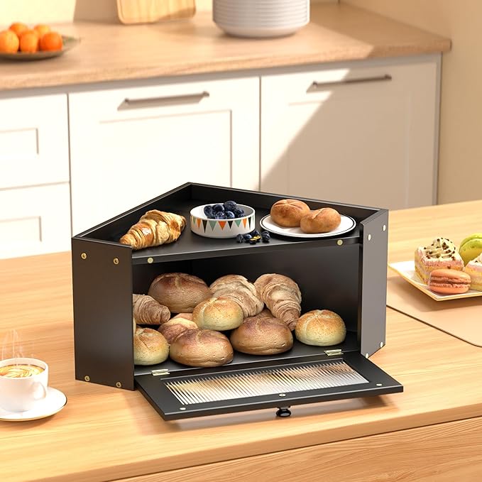 Corner Bread Box for Kitchen Countertop, Vintage Wooden Counter Organizer, Bamboo Bread Storage Bin for Homemade Bread, Small Farmhouse Corner Breadbox Container with Acrylic Window, Black