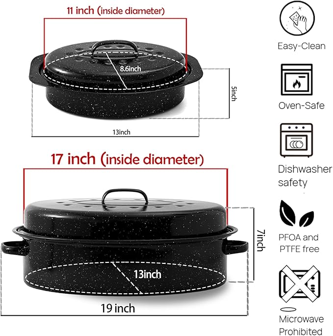Enamel Roaster Pan With Lid and Rack Set 13"19"Granite Roasting Pans, Oval Large Turkey Baking Pan Suitable for Cooking 20lb Poultry and Beef Resists up to 932°F Oven Cookware