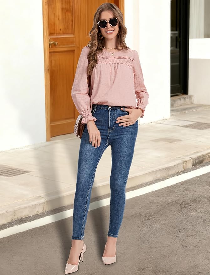 Long Sleeve Shirts Women Dressy Blouses for Women Cute Crew Neck Fall Tops Trendy Women's Clothing 2025 Fashion