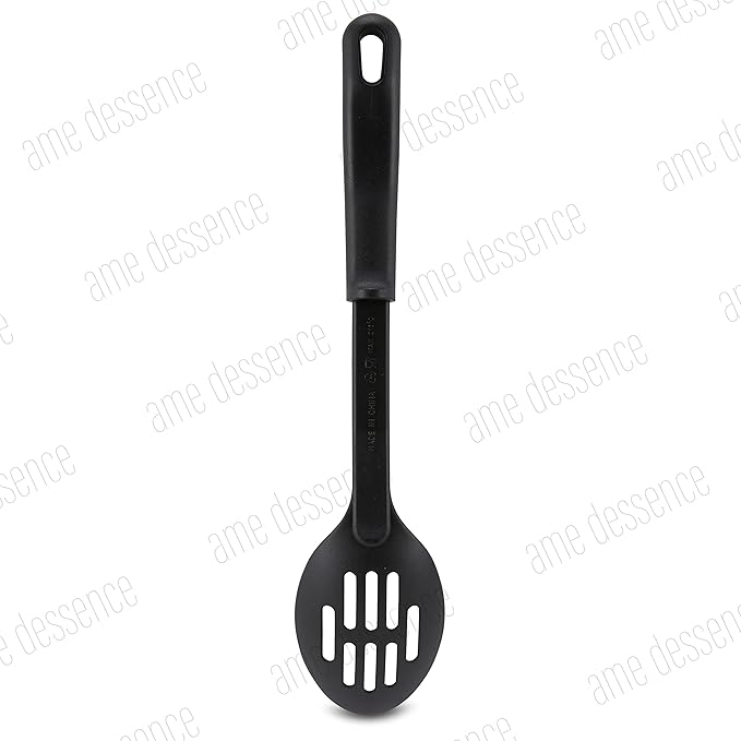 AME D'ESSENCE Slotted Cooking Spoon 11 1/2 inch Black Nylon 410ºF Heat Resistant Serving Spoon with Ergonomic Handle Kitchen Gadgets for Straining