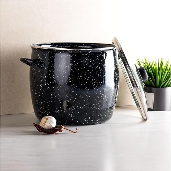 EKCO EOS 12-Quarts Alloy Steel Speckled Stockpot with Glass Lid - Dishwasher and Oven Safe Cooking Pot up to 350°F - Induction Cookware for All Cooktops - Non-Reactive Enameled Soup Pot - Black