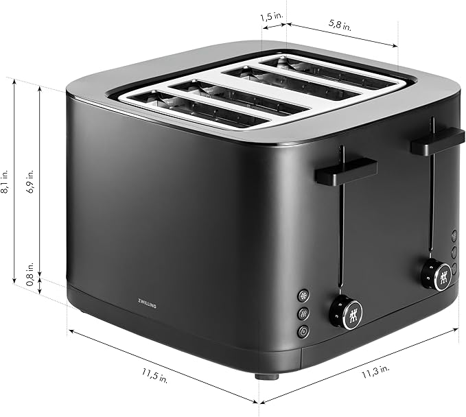 ZWILLING Enfinigy, 4-Slice Toaster with 4 Slots, Extra Wide 1.5" Slots for Bagels and Toast, Black