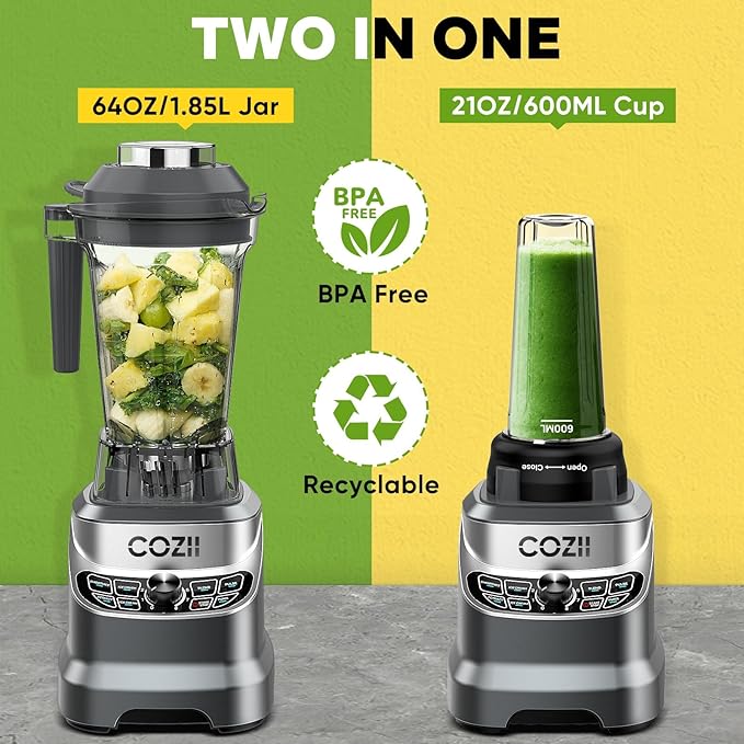 COZII Countertop Blenders for Kitchen, Professional 2000 Peak Watt for Smoothies/Ice Crushing/Frozen Drink/Puree, Smoothie Blender with 64oz Pitcher & 21oz To-go Cup, Dishwasher Safe, Dark Grey