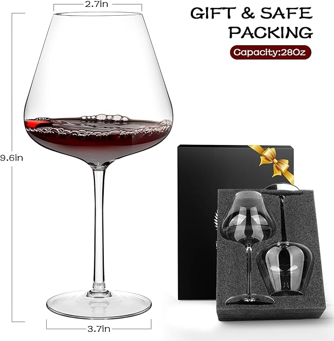Chouggo Super Large 28Oz Wine Glasses Set of 2, Hand Blown Crystal Red Wine or White Wine Burgundy Glass, Hand Crafted by Artisans - Gifts for Women, Men, Wedding, Anniversary, Christmas, Birthday