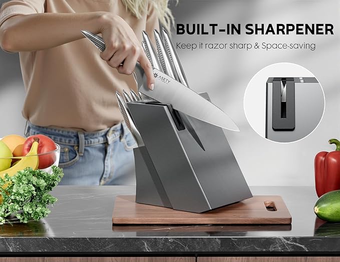 Knife Set - Ultra Sharp Knives Set for Kitchen with block, 15 PCS Stainless Steel Knife Set with Built-in Sharpener, Ergonomic Non-Slip Handle, Christmas Elegant Box for Men Women, Steel Gary