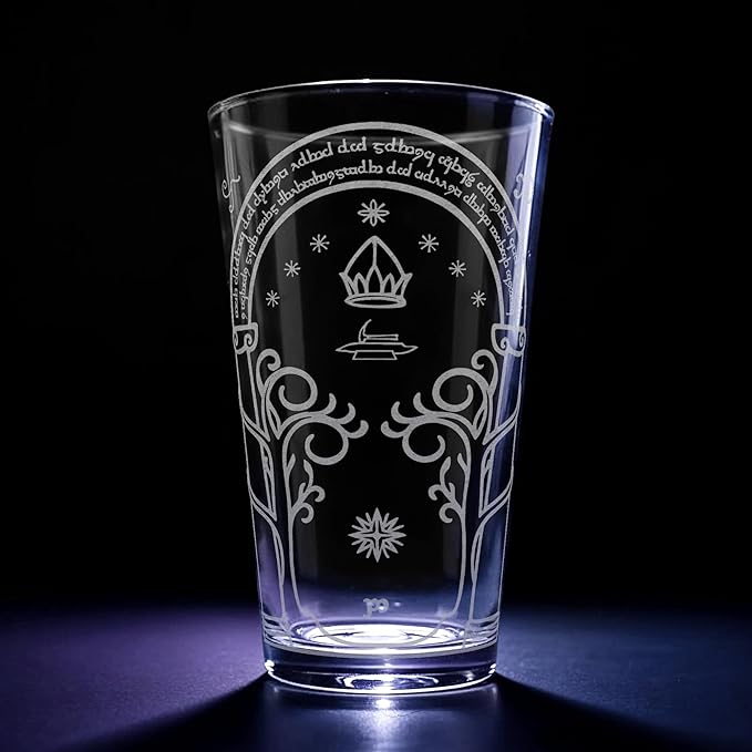 GATE OF MORIA Engraved 16oz Pint Glass | Inspired by Tolkien Power Ring and Middle Earth | Great Christmas Gift Idea | Unique Elvish Fantasy Wizard Fantasy Decor!