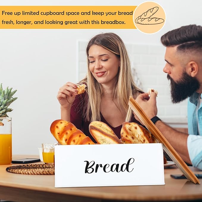 Hushee Metal Bread Box and Butter Dish with Bamboo Cutting Board Lid and Knife Bread Storage Container Breadbox for Kitchen Counter Butter Organizer for Kitchen Countertop Decoration(White)