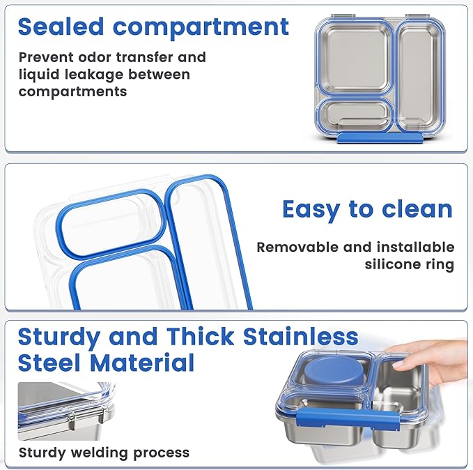 Stainless Steel Bento Box Kids Adult with 7oz Soup Thermo, Transparent Lid 3 Compartments Metal Bento Lunch Box with Insulated Food Jar,Lunch Box Container Sauce Cup for School,BPA-Free(Blue)