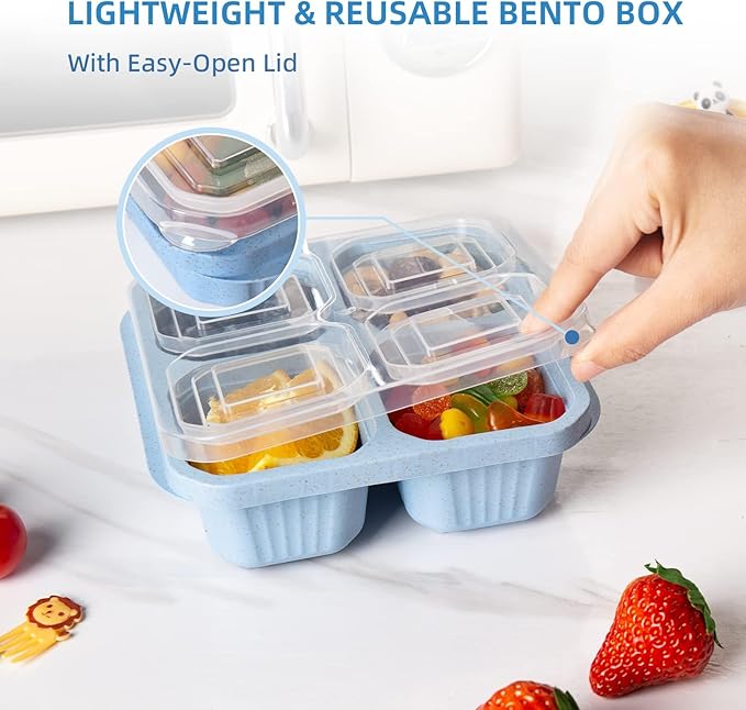 4 Pack Bento Box, 4 Compartment Lunchable Snack Containers with Lids for Meal Prep, School, Travel, Reusable Divided Lunch Food Container for Adults, Kids, Toddlers