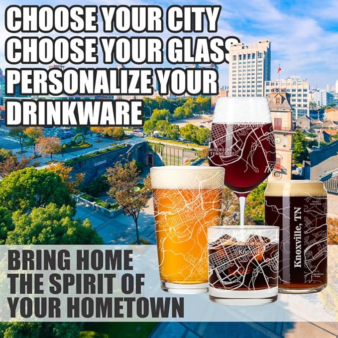 Blue Ridge Mountain Gifts - Knoxville Souvenir - Tennessee Glassware Gift, Etched City Map, Laser Engraved and Dishwasher Safe
