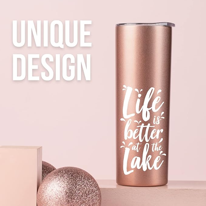 Onebttl Lake House Gifts for Women, 20oz Stainless Steel Insulated Tumbler, Housewarming Gifts for Lake Lovers - Rose Gold, Life is Better at the Lake 01