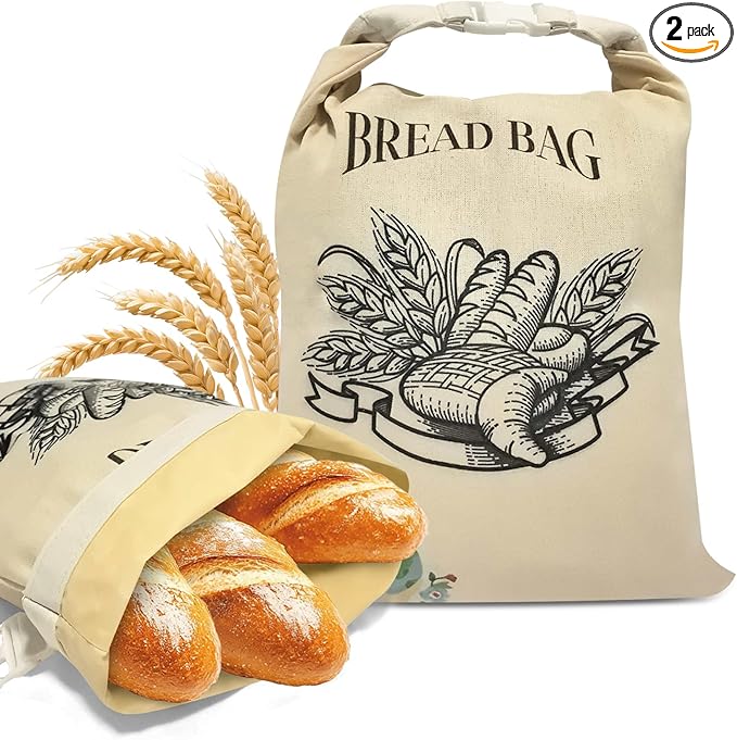 Reusable Beeswax Bread Bags, 2-Pack Large Organic Linen Bread Bags, Washable & Freezer-Friendly Food Storage Cloth for Sourdough, Homemade Bread – Preserves Freshness (Beige)