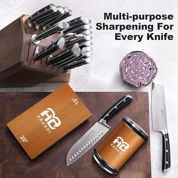 Abardi Rolling Knife Sharpener for Straight Edge, Knife Sharpening with Industry Diamonds Made Easy, Knife Sharpeners Kit with 15 & 20 Degree Magnetic Angle for Kitchen Knives (Brown)