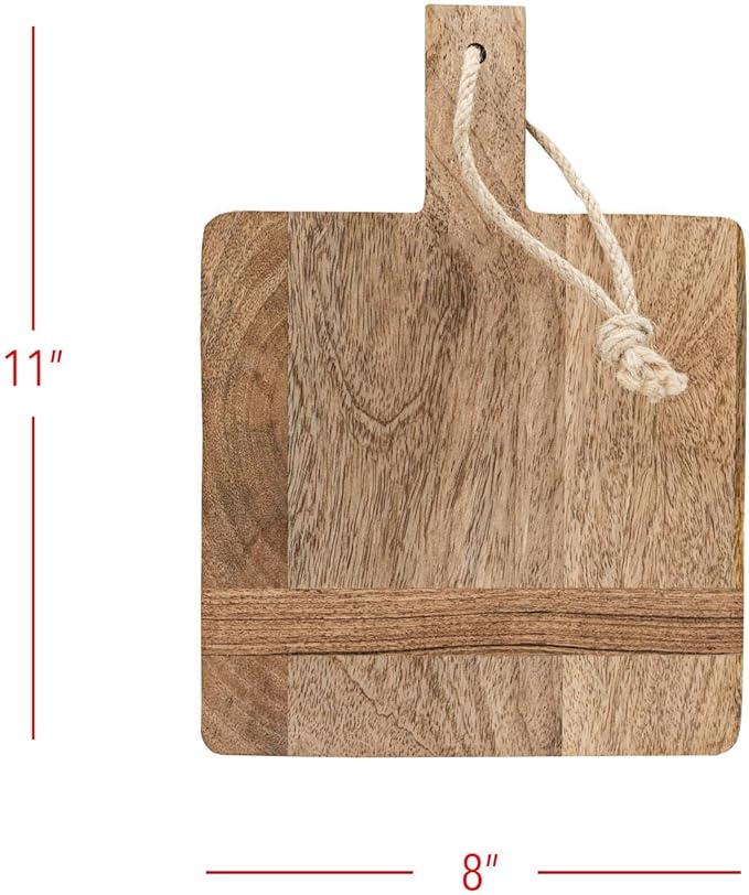 Foreside Home and Garden 8" x 11" Kaila Small Premium Natural Mango Wood Serving Board Paddle w/Knotted Jute All Seasons Food Safe Dinner Dining Brunch Kitchen Charcuterie Cheese Fruit Platter Party