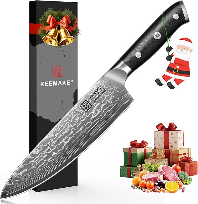 KEEMAKE Damascus Chef Knife, 8 Inch Kitchen Knife, 67 Layers Damascus Knife Professional Kitchen Knives with Japanese VG10 Core, Sharp Chefs Knives with Ergonomic G10 Handle