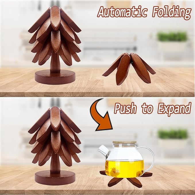 Wooden Trivets for Hot Dishes, Tree Shape Trivet Set, 4 Wooden Trivets + 1 Stand, Stackable Christmas Tree Design, Natural Foldable Kitchen Wooden Trivet, for Pans, Pot, Bowl, Teapot, Hot Pot Holder