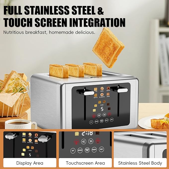 4 Slice Toaster, Touchscreen & Dual Independent Control Panel，5 Basic Functions & Digital Countdown Toasters, 6 Shade Settings＆6 Bread Types, Smart Bread Maker Mute/Screen-Off,Titanium