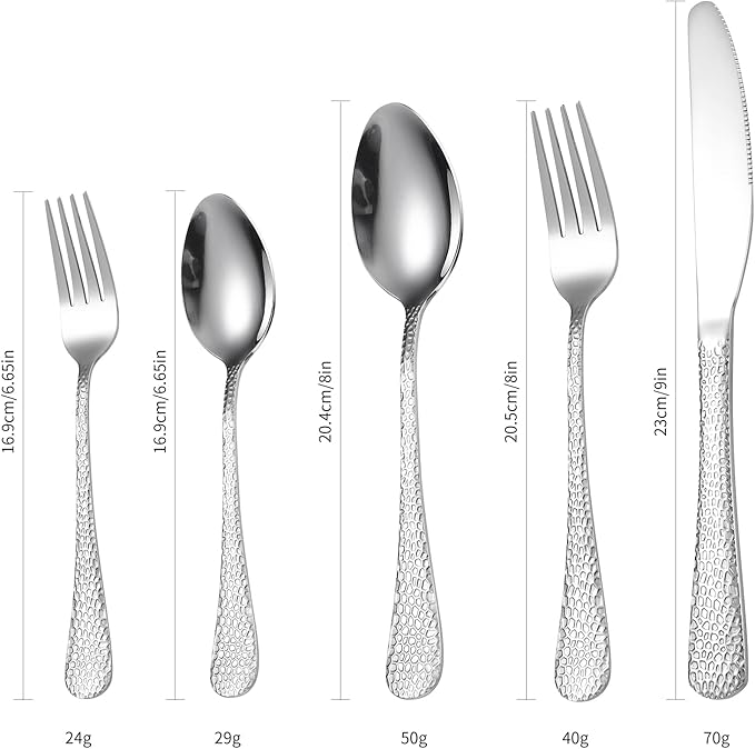 Vintage Silverware Set Hammered Flatware Silver Eating Utensils Stainless Steel Forks Spoons Knives for Restaurant Home Kitchen Parties Durable