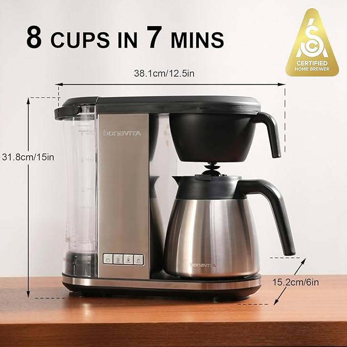 Bonavita Enthusiast 8 Cup Drip Coffee Brewer, Pour Over, SCA Certified Coffee Machine with Thermal Carafe, Stainless Steel Panel, Removable Reservoir