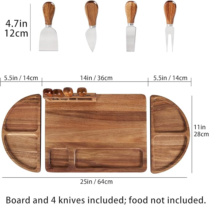 Large Acacia Wood Charcuterie Board Set, 25-inch 3-Piece Tray with 4 Knives & Magnetic Holder, Long Round Cheese & Appetizer Platter for Serving, Crackers, Snacks