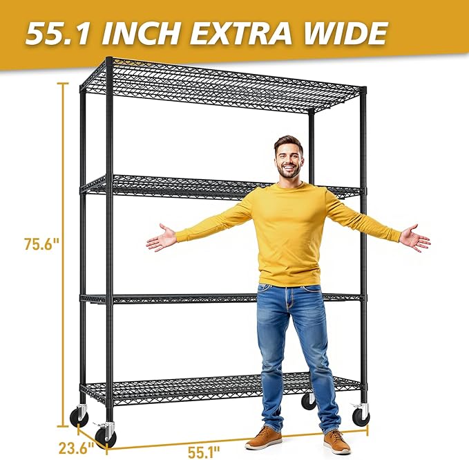 2500LBS Metal Storage Shelves 55"W Wire Shelving Unit with Wheels 4-Tier Wire Shelving Rack Commercial Adjustable Garage Shelving Heavy Duty Storage Rack for Pantry, Kitchen (4-Tier, 55''x24''x76")