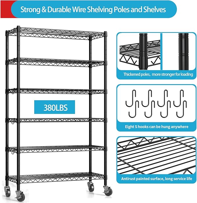 2300LBS Wire Shelving Unit, 36"W x 14"D x 75"H Metal Standing Shelf Units with Wheels / Leveling Feet, 6 Tier, Adjustable, Heavy Duty, and NSF Storage Shelves, Rolling Metal Shelving Wire Rack