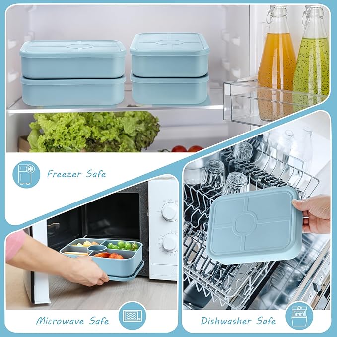 4 Pack Silicone Bento Boxes for Adults, 5 Compartment Reusable Lunch Containers with Sauce Section, Leakproof Meal Prep Snack Box Microwave & Dishwasher Safe for Work School Office(Blue)
