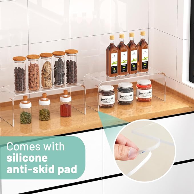 4 Packs Kitchen Cabinet Shelf Organizer, Acrylic Clear Shelf Riser, 5mm Thick Spice Rack for Dishes, Soda Cans and Cup（11.8 x 4.72 x 4.72 Inch）