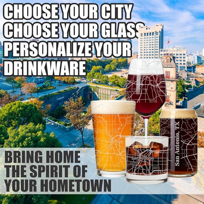 Blue Ridge Mountain Gifts - San Antonio Souvenir - Texas Glassware Gift, Etched City Map, Laser Engraved and Dishwasher Safe