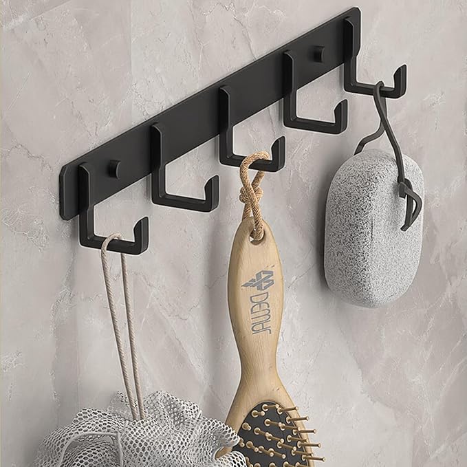 LUYU Matte Black Aluminum 5-Hook Wall Rack - 35lb Total Capacity Bathroom Organizer with Universal Anchors, 14" Space-Saving Design for Towels & Keys (2 Pack)