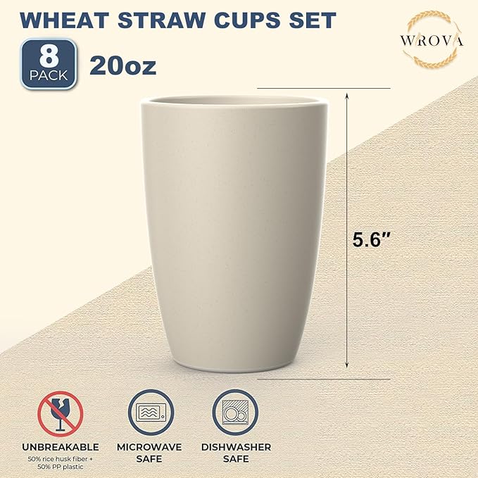 Wrova Wheat Straw Cups 8 PCS Good Alternative to Plastic Reusable Cups 20 oz Unbreakable Drinking Cup Reusable Dishwasher Safe Water Plastic Glasses Beige Series