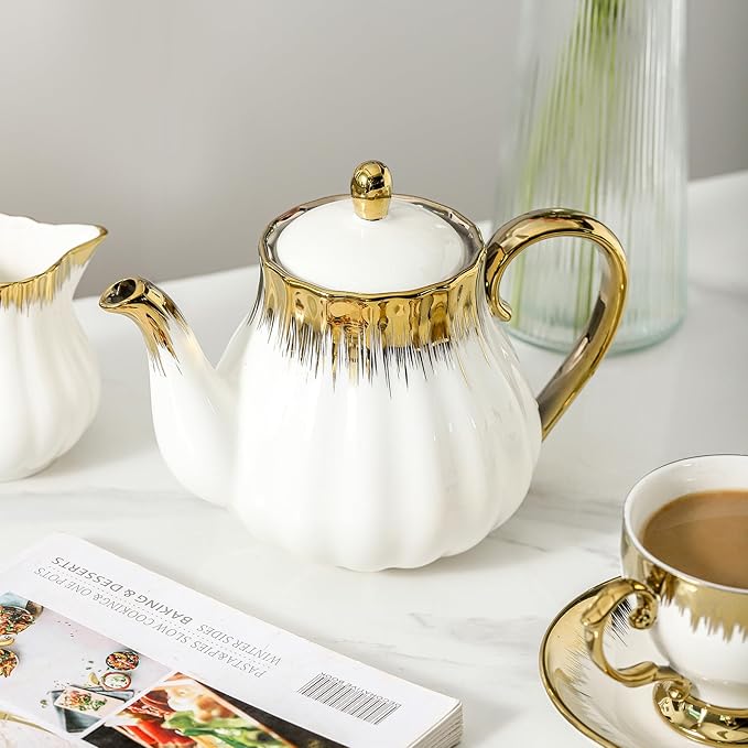 Ceramic Teapot, Ceramic Tea Pot with Removable Stainless Steel Infuser White Teapots with Gold Trim, Floral Teapot, Tea Kettles for loose leaf tea and tea bags, Coffee(30oz)