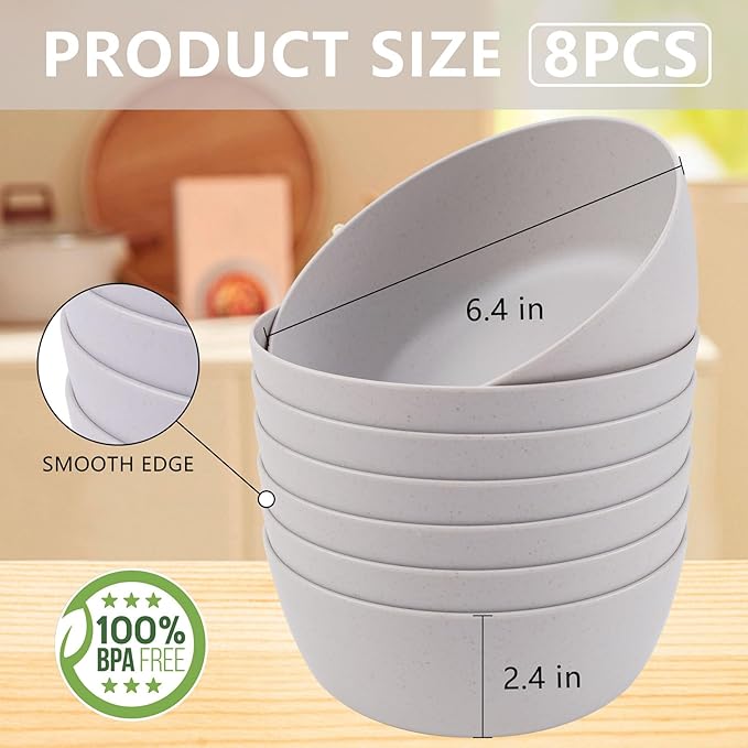 EI 8pcs Wheat Straw Bowls Set,Unbreakable Reusable Plastic Bowls,BPA-Free Lightweight Cereal, Salad & Soup Bowls,Ideal for Breakfast, Picnic, Party or Dinner