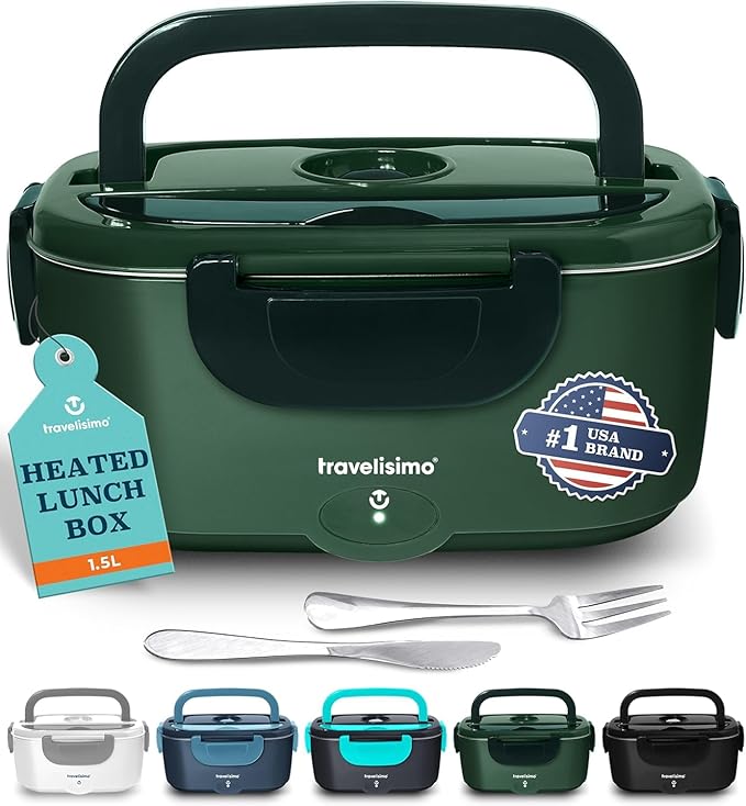 TRAVELISIMO Electric Lunch Box for Adults 80W Heated Lunch Box For Men 1.5L Stainless Steel Portable Food Warmer, 12/24/110V Electric Food Warmers for Travel & Work, Loncheras Para Hombres de Trabajo