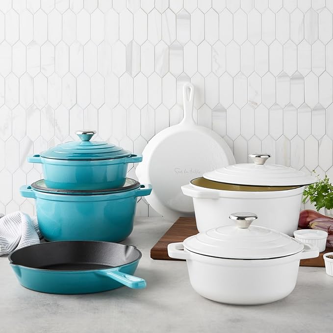 Sur La Table Enameled Cast Iron Cookware Set – Includes 5-Qt & 2.5-Qt Dutch Ovens with Lids and 10" Skillet, Oven to 500°F, Induction Compatible, Essential Starter Gift Set, Light Blue