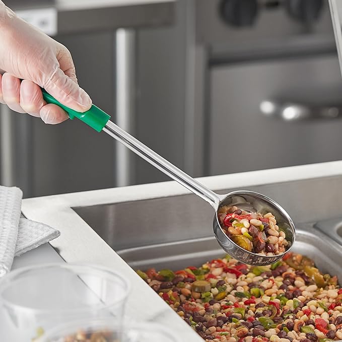 2 Pack Solid Food Portioner, 4-Ounce Medium – Stainless Steel Serving & Cooking Spoon with Purple and Green Handle for Soup, Sauce, Gravy, Kitchen or Food Prep