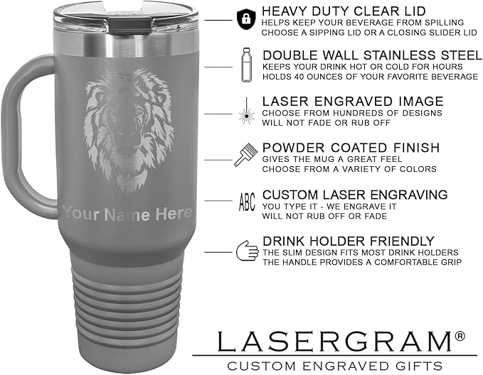 40oz Vacuum Insulated Travel Mug with Handle, Tiki Statue, Personalized Engraving Included (Gray)