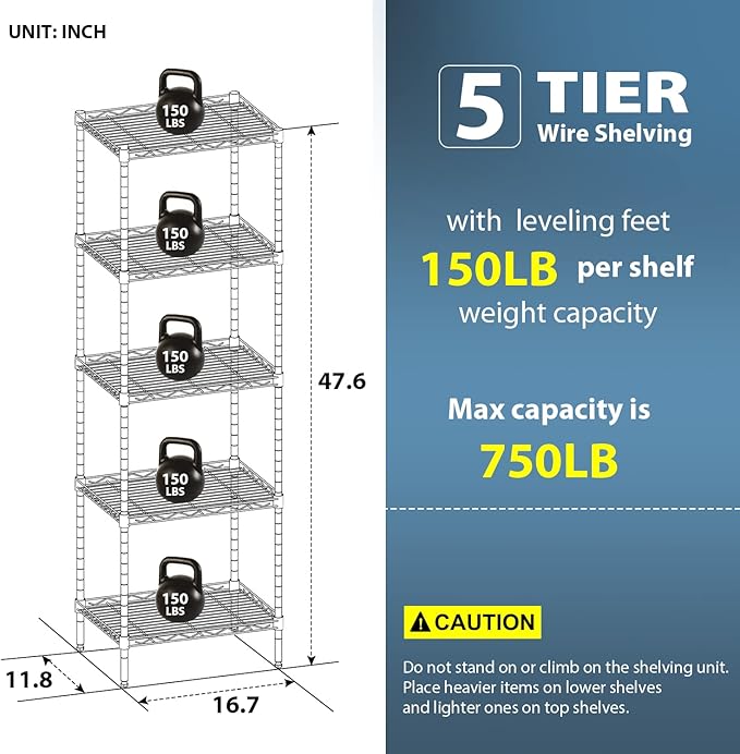 5-Shelf Storage Shelves Metal Shelving Unit NSF Garage Storage Rack Adjustable Wire Shelves Organizer for Kitchen Closet Basement, 750 Lbs Capacity, 16.7" L × 11.8" W × 47.6" H, Sliver